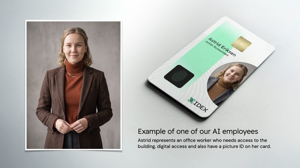 Example of one of our AI employees. Astrid represents an office worker who needs access to the building, digital access and a picture ID on her card.